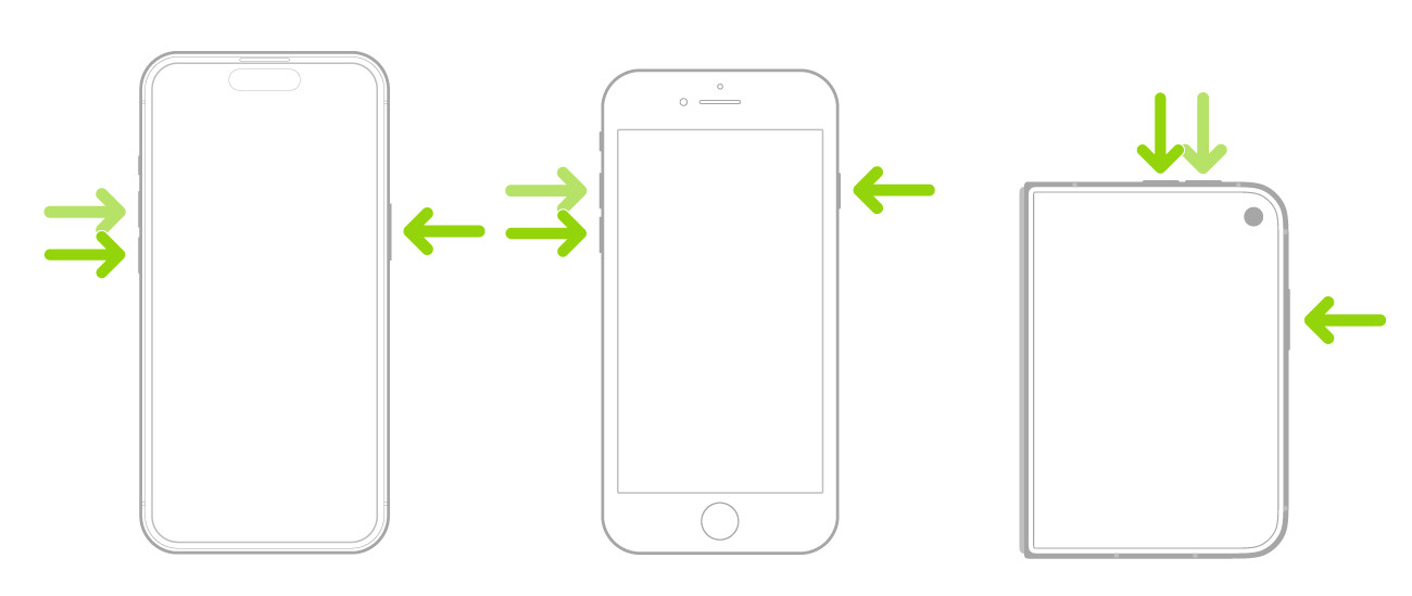 측면 버튼과 음량 버튼을 가리키는 화살표가 있는 세 가지 iPhone 모델.