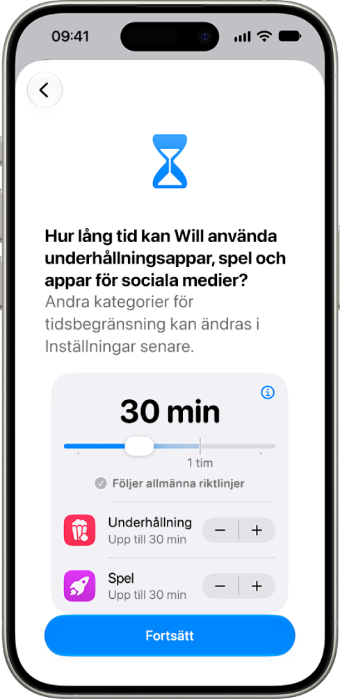 Inställningsskärmen för föräldrakontroller som visar hur mycket tid som är tillåten för appkategorier som Sociala medier och Underhållning.