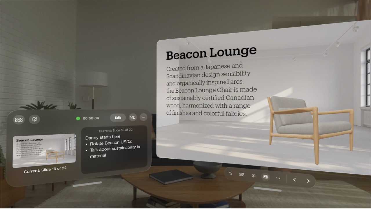 The Keynote app on Apple&nbsp;Vision&nbsp;Pro, showing a presentation playing, with the presenter display visible next to it.