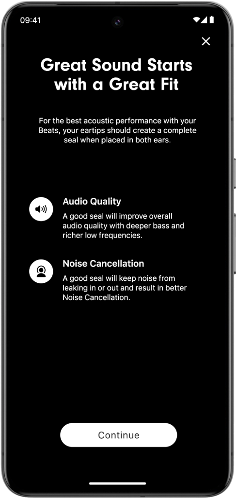 An Android device screen displaying the Ear Tip&nbsp;Fit&nbsp;Test.