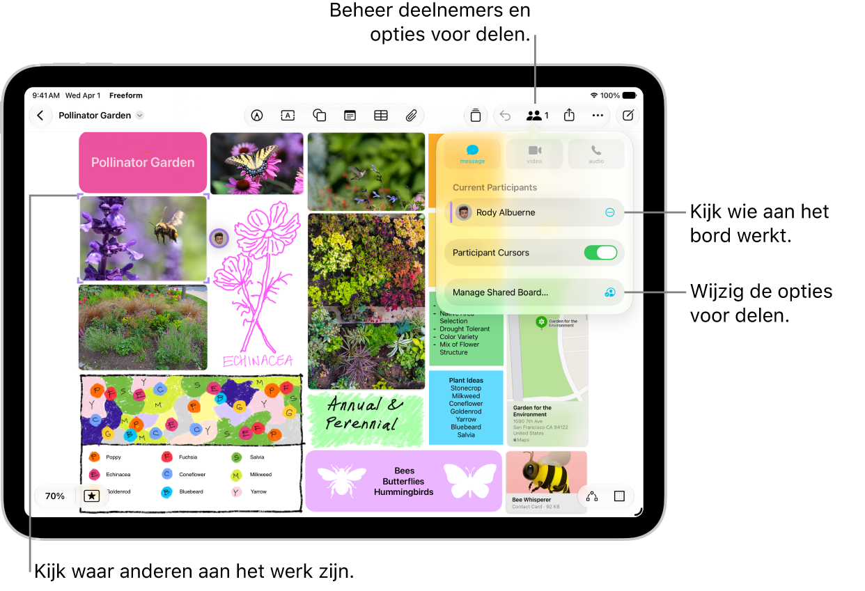 Een gedeeld Freeform-bord op een iPad. Het samenwerkingsmenu is geopend en de locatie van andere deelnemers op het bord is gemarkeerd.