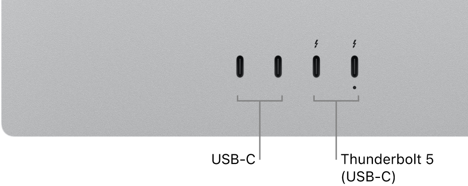 En närbild av baksidan på Studio Display XDR med två USB-C-portar och två Thunderbolt&nbsp;5 (USB-C)-portar.