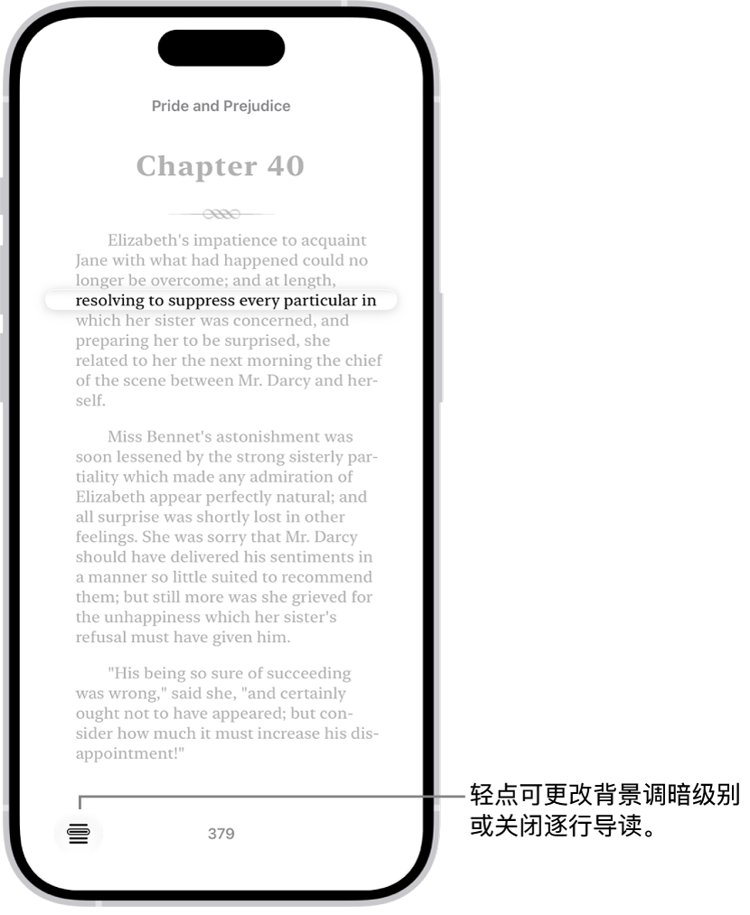 “图书” App 中的图书页面。一行文本已高亮标记，而其余文本变暗。屏幕左下角是“逐行导读菜单”按钮。
