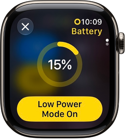 The Low Power Mode screen with a partial yellow ring indicating the remaining charge. The Low Power Mode On button is at the bottom.