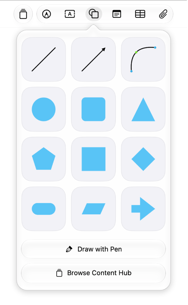 The shapes library with suggestions and options to draw your own shape with the Pen tool or browse the Content Hub.
