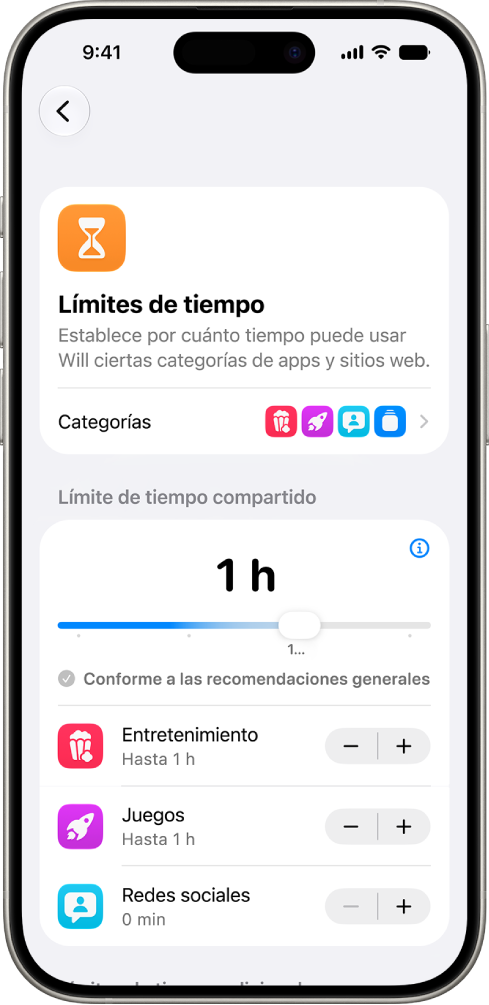 La pantalla Límites de tiempo en la configuración de Tiempo en pantalla muestra la cantidad de tiempo permitido para Entretenimiento, Juegos y Redes sociales.
