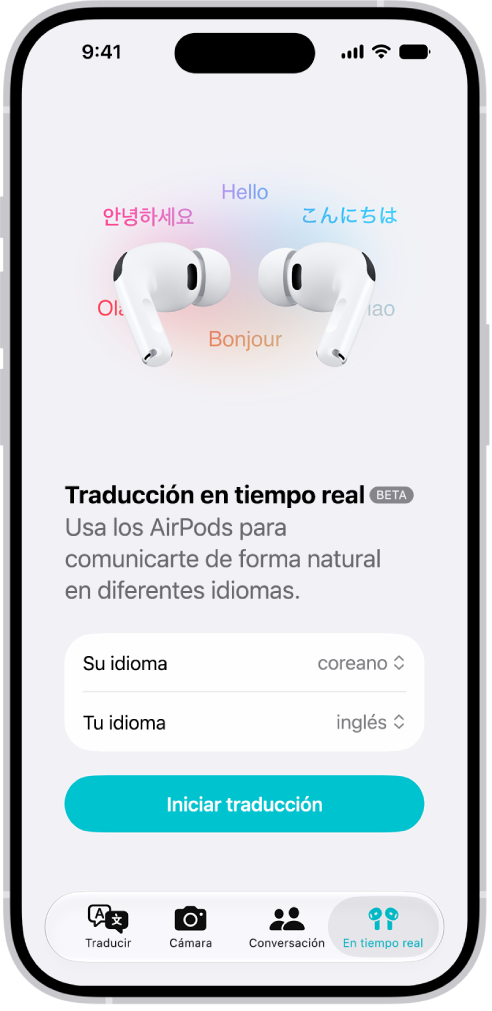 App Traducir del iPhone con la pantalla “Traducción en tiempo real”. La pantalla muestra dos menús desplegables para seleccionar el idioma de la otra persona y tu propio idioma, y un botón para iniciar la traducción en tiempo real.