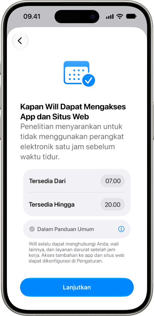 Layar pengaturan pengawasan orang tua yang menunjukkan jam saat anak dapat mengakses perangkat mereka.