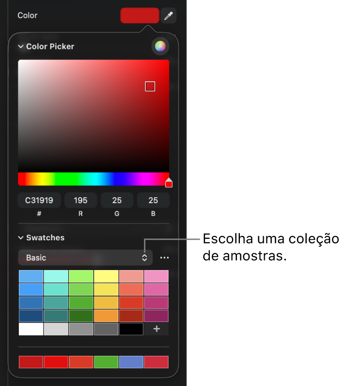 O selecionador de cores, com o menu pop‑up da coleção de amostras.
