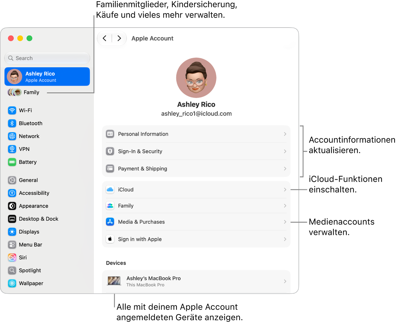 Die Einstellungen „Apple&nbsp;Account“ in den Systemeinstellungen mit Beschriftungen zum Aktualisieren der Accountinformationen, Ein- bzw. Ausschalten von iCloud-Funktionen, Verwalten von Medienaccounts und Anpassen der Einstellungen für „Familie“, um Familienmitglieder, Kindersicherung, Käufe und mehr zu verwalten.