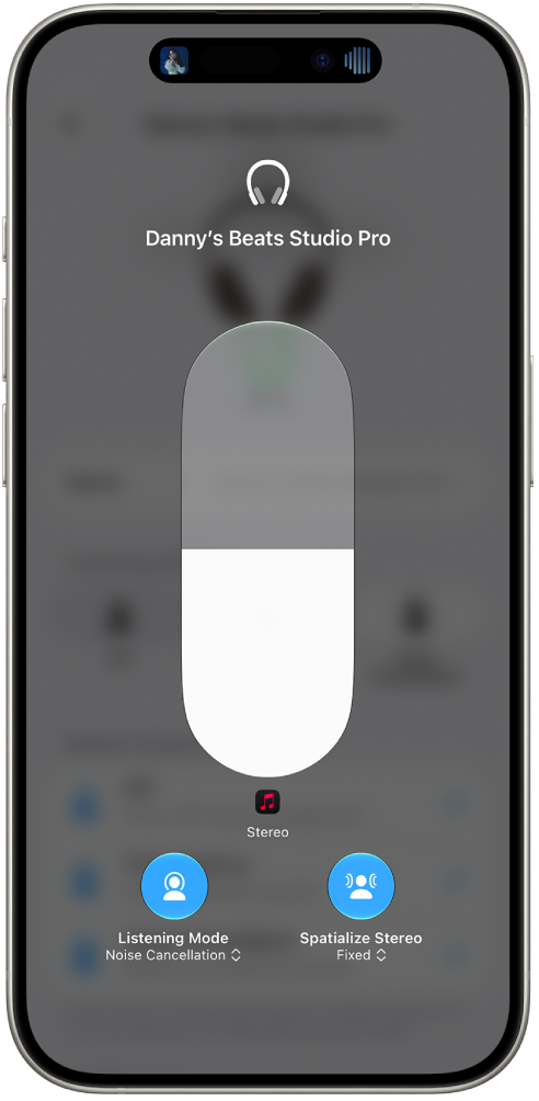 The volume screen in Control Center showing the volume level for Studio Pro headphones. 