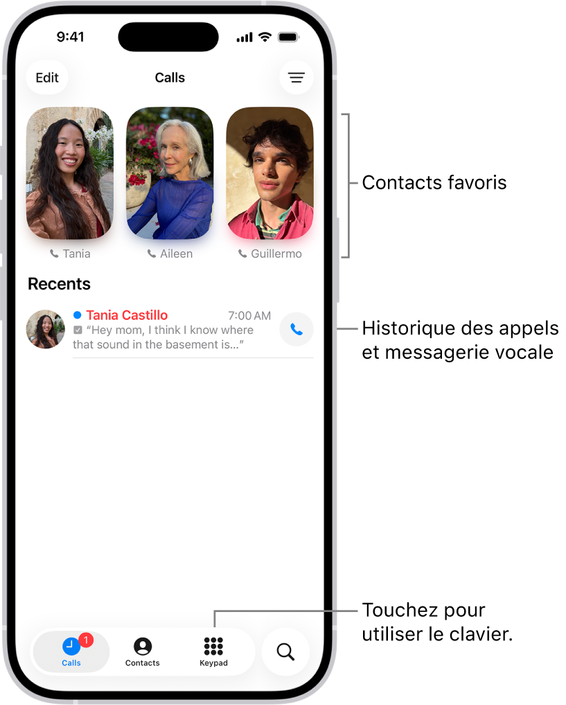 L’onglet Appels dans l’app Téléphone en disposition unifiée. Les contacts favoris s’affichent en haut. Sous les favoris se trouve la liste des appels et des messages de la messagerie récents. Les boutons permettant d’afficher les onglets Appels, Contacts et Pavé numérique s’affichent en bas. Le bouton Rechercher se trouve en bas à droite.