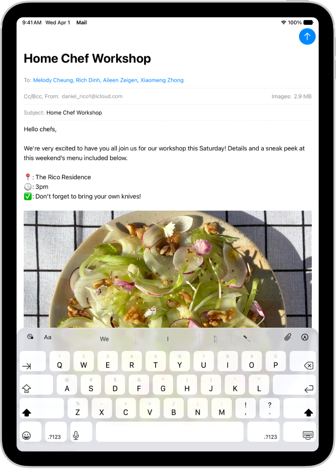 An email draft is open in the Mail app. The button to send the message is in the top-right corner. Tap to send the message, or touch and hold to schedule a time to send it later.