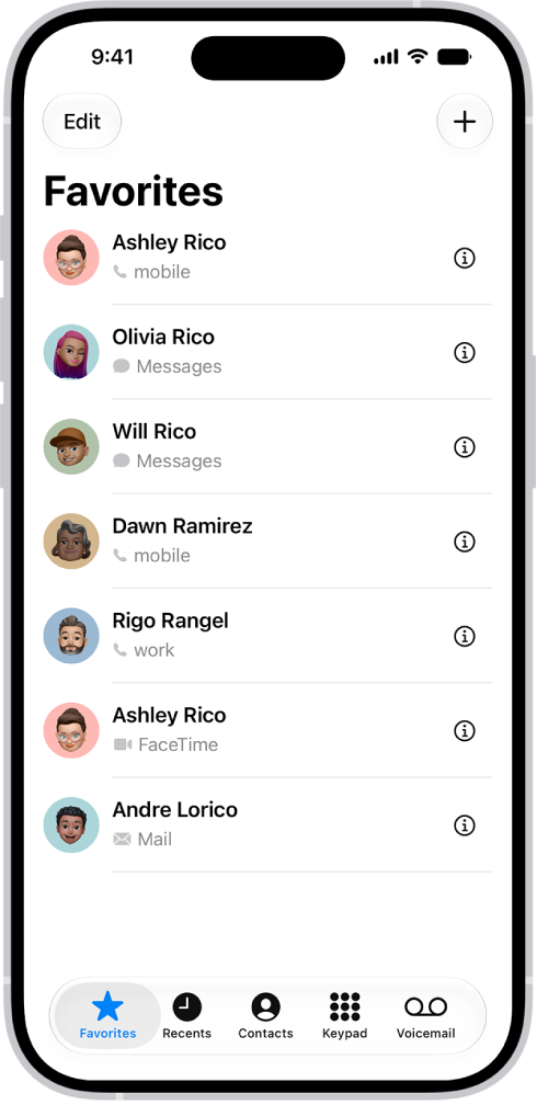 The Favorites screen in the Contacts app; six contacts are listed as favorites.