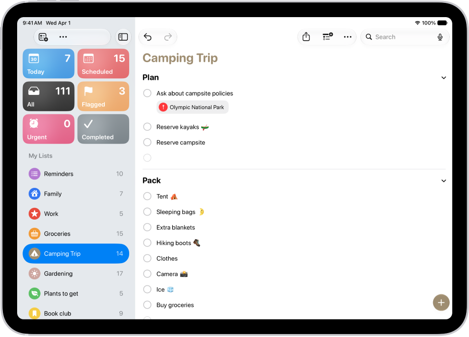 The Reminders app showing a list with one section expanded and the others collapsed.