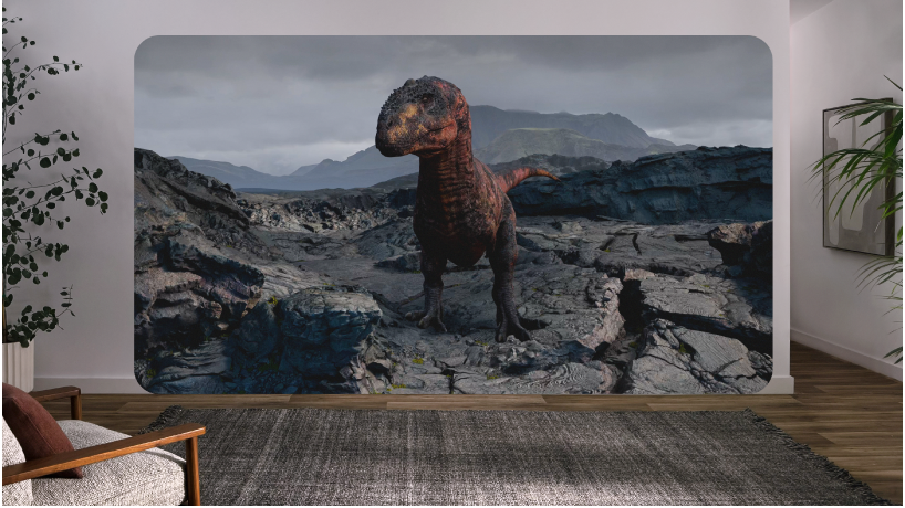 A user’s view on Apple&nbsp;Vision&nbsp;Pro, showing a frame of a dinosaur from the Encounter Dinosaurs interactive experience.