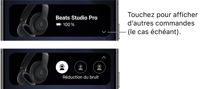 La première image montre le widget de l’app&nbsp;Beats affichant un casque Beats&nbsp;Studio&nbsp;Pro connecté et un bouton permettant d’accéder à d’autres commandes&nbsp;; la seconde image montre les commandes de réduction du bruit dans le widget.