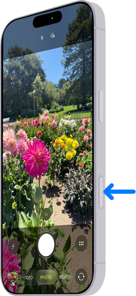 An arrow points to the location of the Camera Control on the side of iPhone.