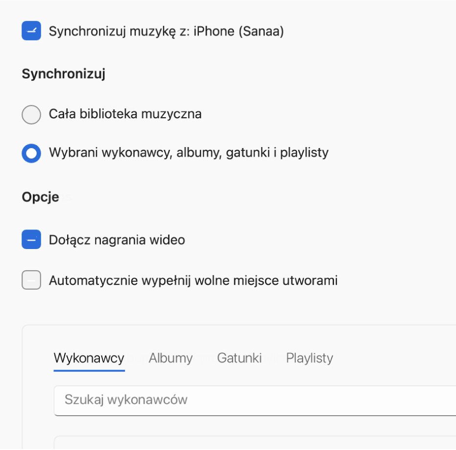 Okno aplikacji Urządzenia Apple wyświetlające opcje synchronizowania muzyki.