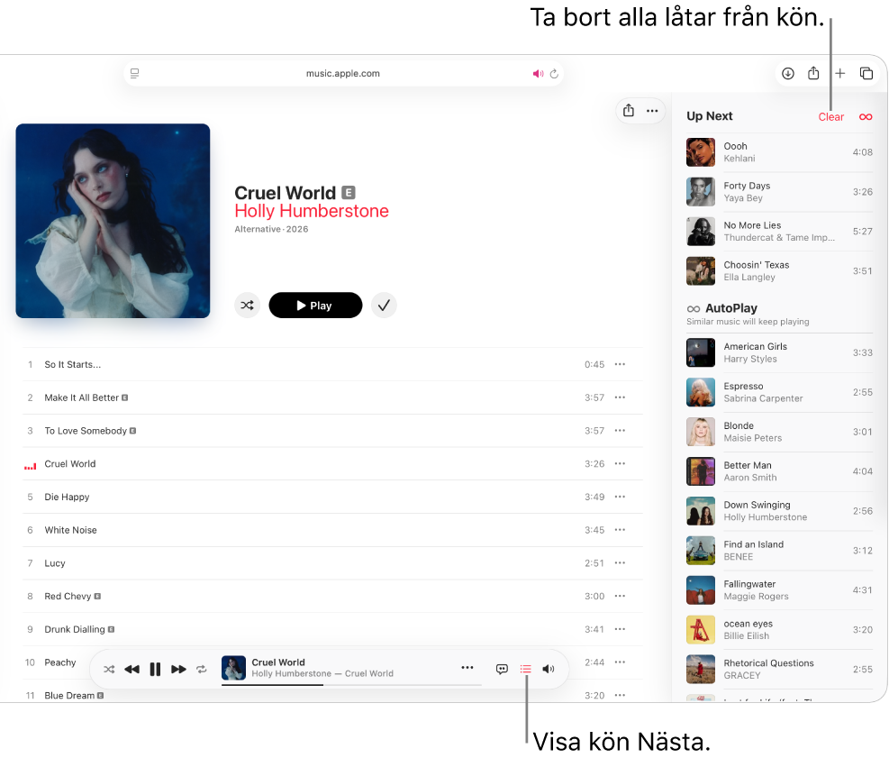 En låt spelas upp i Apple Music. Knappen Nästa i det övre högra hörnet är markerad och kön är synlig.
