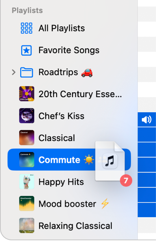 Songs being dragged to a playlist. The playlist is highlighted.