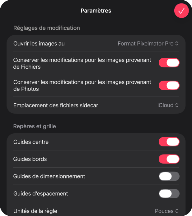 Zone de dialogue des réglages de l’app Pixelmator&nbsp;Pro.