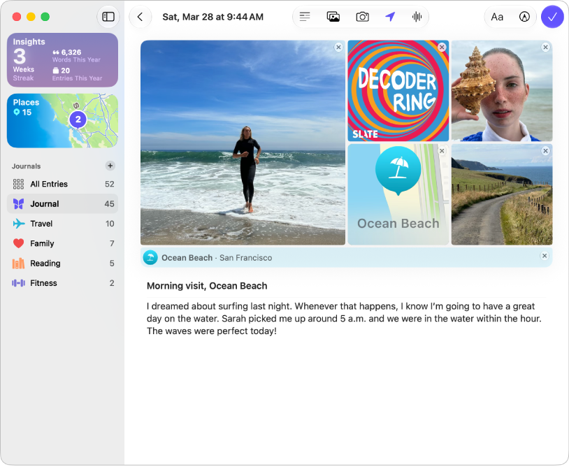 A screen in the Journal app showing photos and an entry in progress.