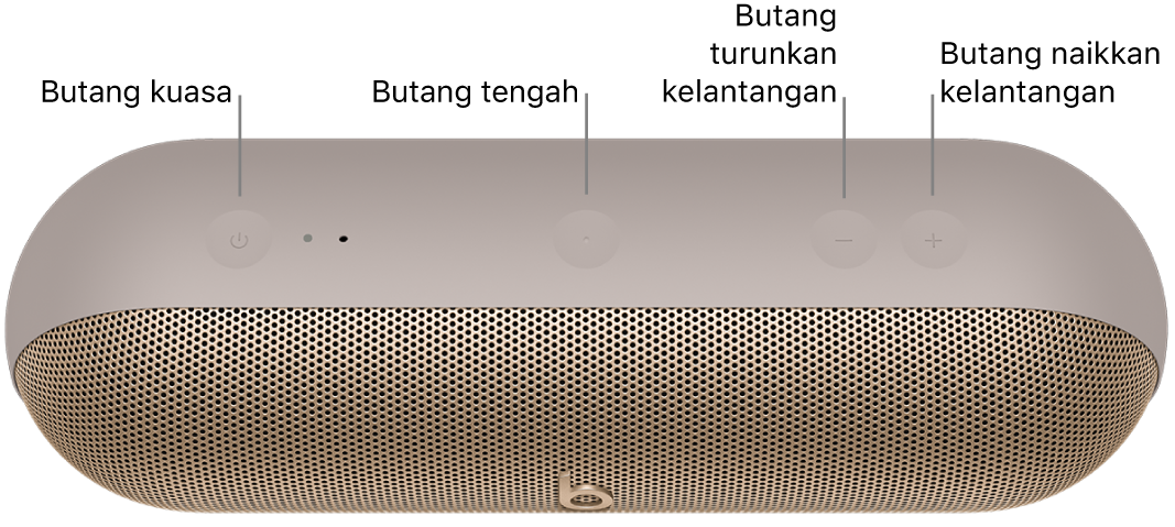 Imej speaker Beats&nbsp;Pill menunjukkan lokasi, dari kiri ke kanan, butang kuasa, tengah, turunkan kelantangan dan naikkan kelantangan di bahagian atas speaker.