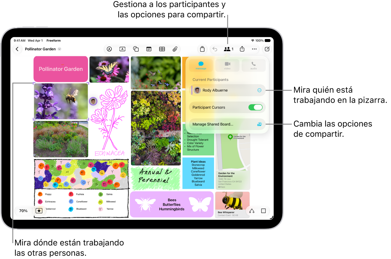 Una pizarra de Freeform compartida en el iPad con el menú de colaboración abierto y la ubicación de otros participantes en la pizarra marcado con marcas de verificación de color.