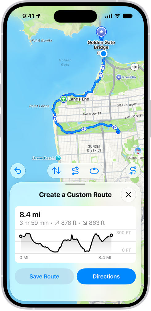 「地圖」App 中的自訂路線，顯示距離、高度描述圖、預估時間，以及儲存或取得前往起點的路線選項。