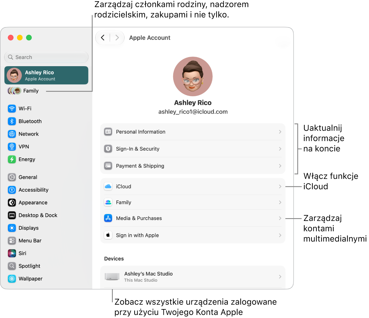 Ustawienia konta Apple w&nbsp;Ustawieniach systemowych z&nbsp;opisami wskazującymi opcje umożliwiające uaktualnianie danych konta, włączanie lub wyłączanie funkcji iCloud, zarządzanie kontami multimedialnymi oraz dostosowywanie ustawień rodziny, w&nbsp;tym zarządzanie ustawieniami członków rodziny, nadzorem rodzicielskim, zakupami i&nbsp;nie tylko.