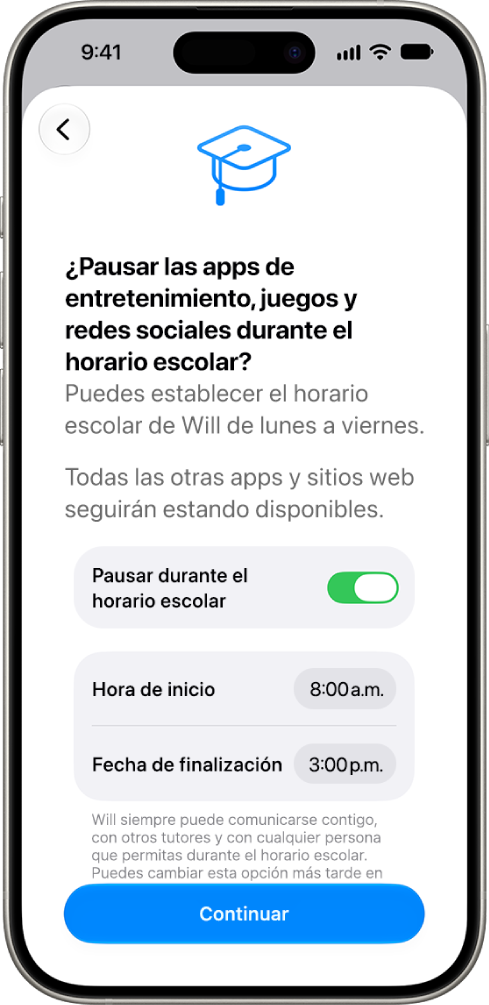 La pantalla de configuración de los controles parentales muestra las horas en que se debe pausar el uso del dispositivo durante el horario escolar.