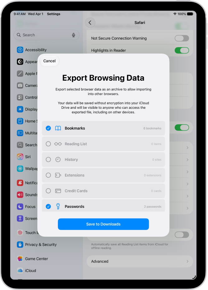 La pantalla Exportar datos de navegación con la opción Contraseñas seleccionada para exportar a otro administrador de contraseñas.