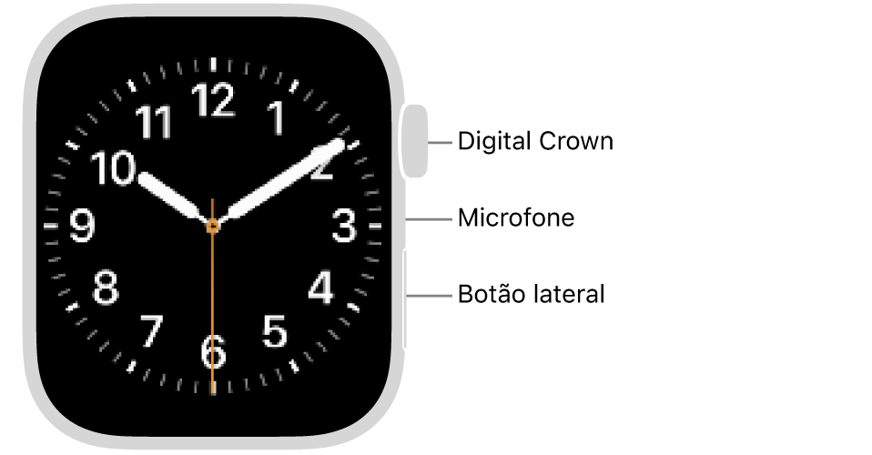 Apple&nbsp;Watch Series&nbsp;9 visto de frente, com o ecrã a apresentar o mostrador, e a Digital&nbsp;Crown, o microfone e o botão lateral, de cima para baixo, na parte lateral do relógio.