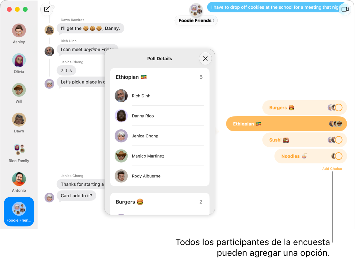 En una conversación en la app Mensajes, una encuesta muestra las opciones en barras horizontales y el desglose de los resultados de la votación en Detalles de la encuesta.