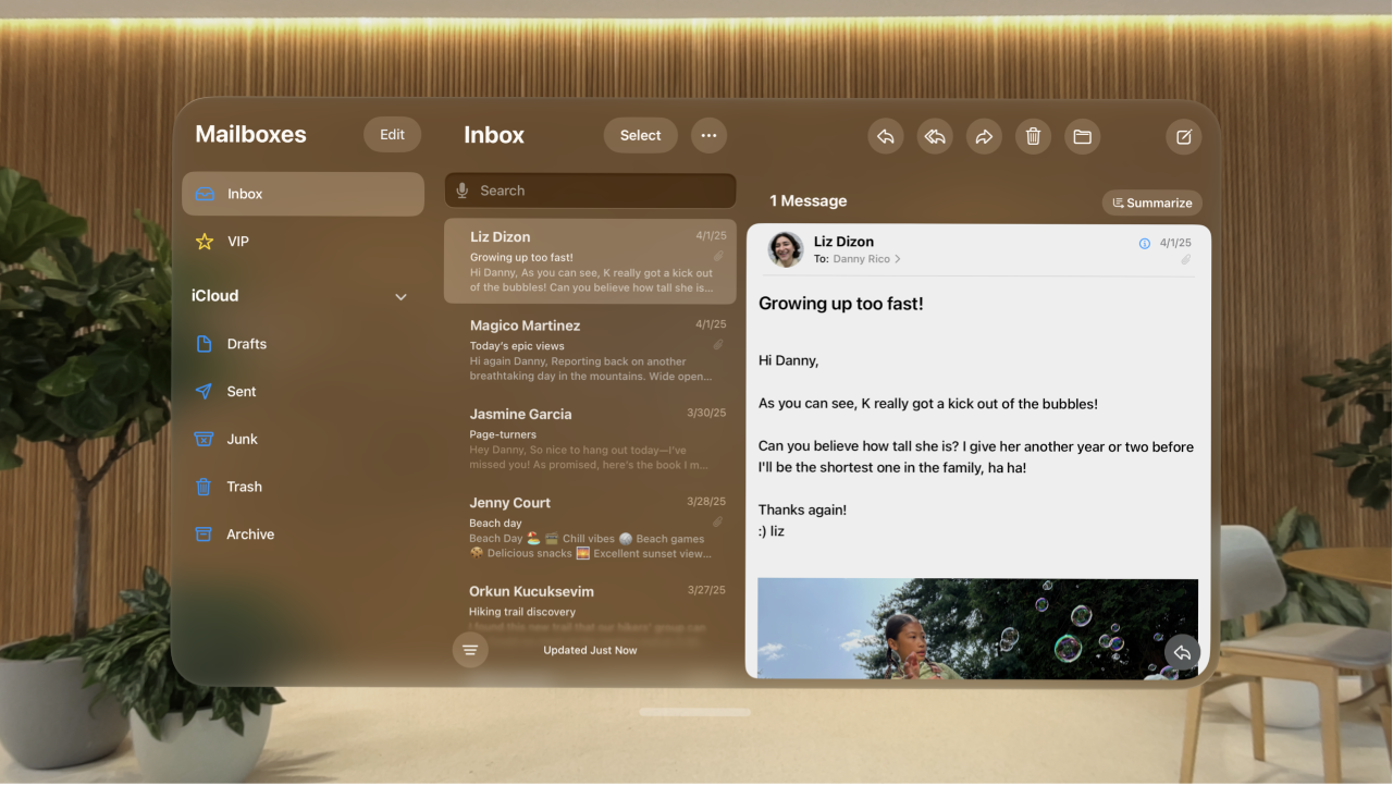 The Mail app on Apple&nbsp;Vision&nbsp;Pro, showing an open email in the inbox.