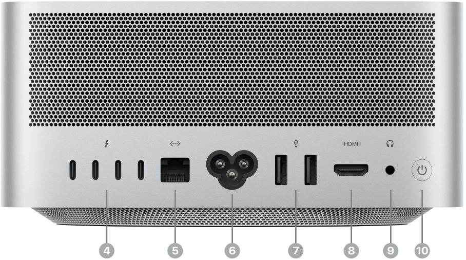 The back of Mac Studio showing four Thunderbolt 5 (USB-C) ports, the Gigabit Ethernet port, the power port, two USB-A ports, the HDMI port, 3.5 mm headphone jack, and the power button.