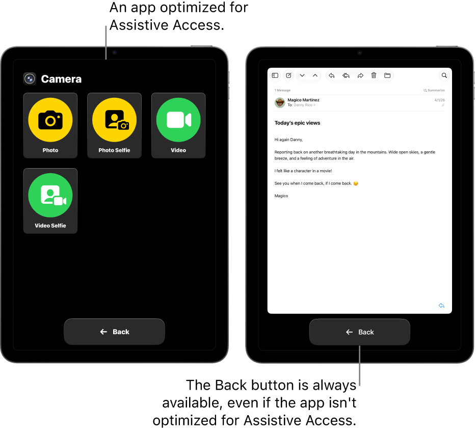Two iPad screens in Assistive Access. One iPad shows an app designed for Assistive Access with a large grid of buttons. The other iPad shows an app not made for Assistive Access and in its original design. The app is smaller onscreen, with a large Back button at the bottom.