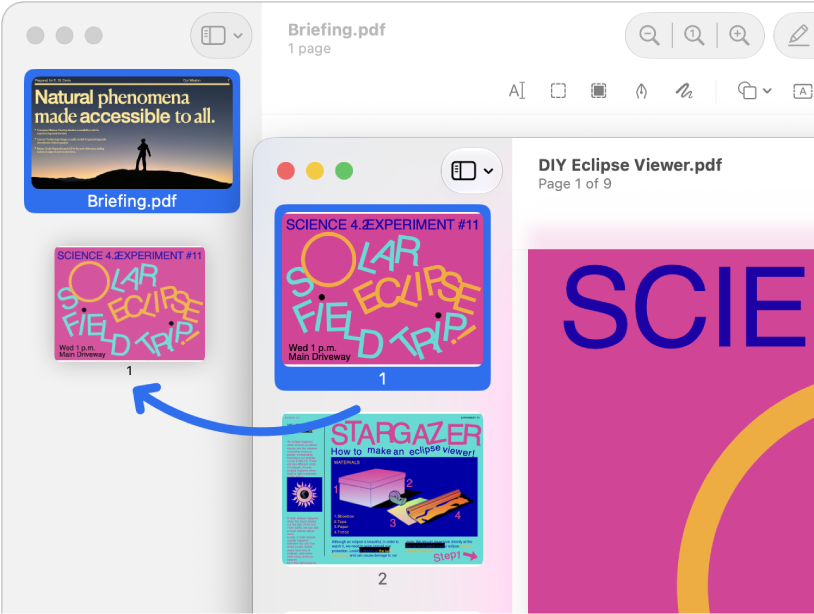 A page thumbnail is dragged from the sidebar of one PDF to the sidebar of another.