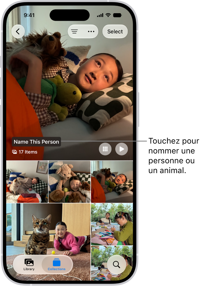 La collection Personnes et animaux de l’app Photos. Les groupes s’affichent en haut, au-dessus des personnes et animaux.