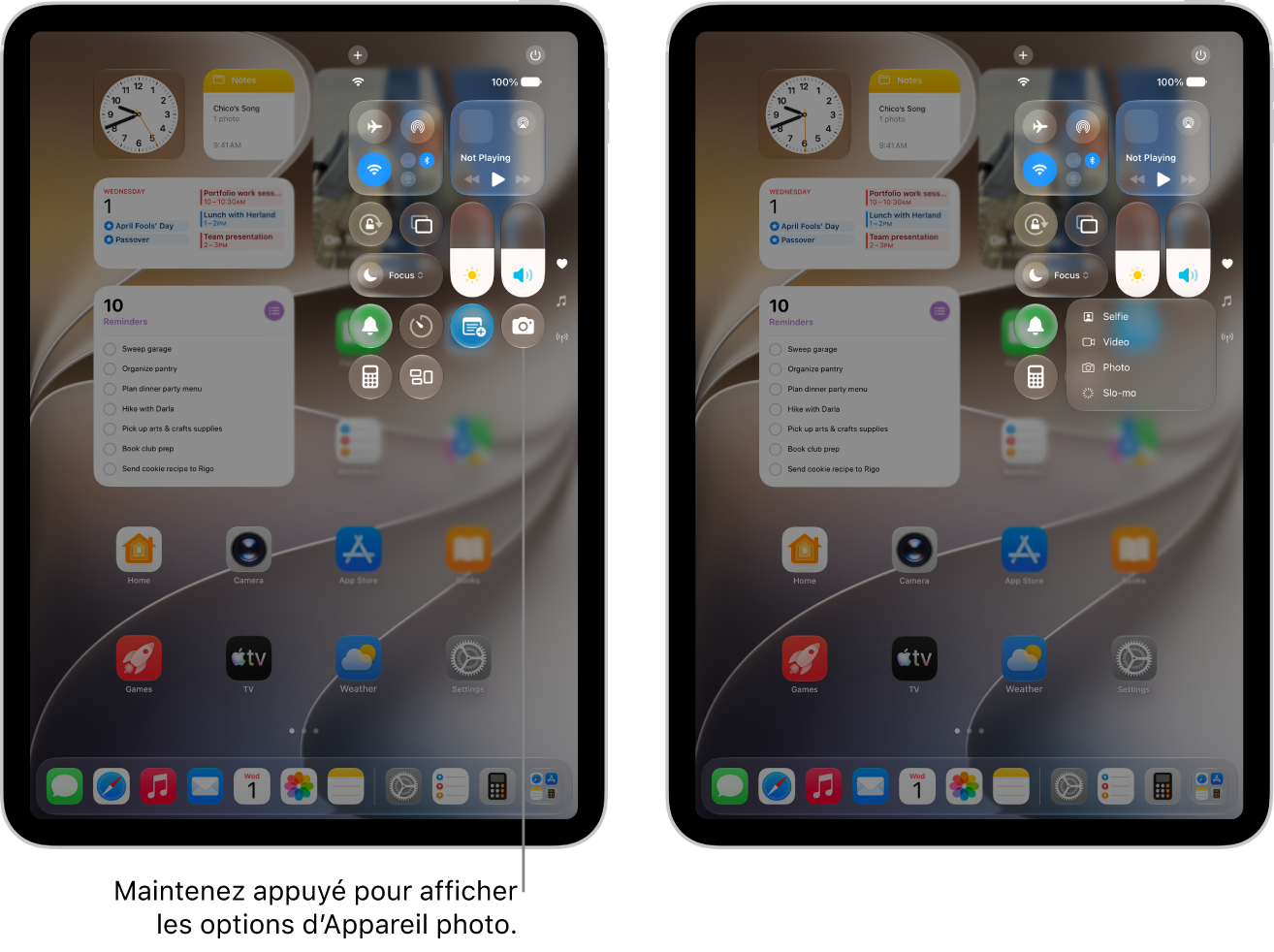 Le centre de contrôle de l’iPad. Les commandes associées au mode Avion, aux données cellulaires, au Wi-Fi et au Bluetooth se situent dans le groupe en haut à gauche du centre de contrôle pour les modèles d’iPad Wi-Fi&nbsp;+&nbsp;Cellular. La commande Caméra se trouve en bas à droite du centre de contrôle. L’écran sur la droite présente le menu des actions rapides qui s’affiche lorsque vous maintenez le doigt sur la commande Caméra.