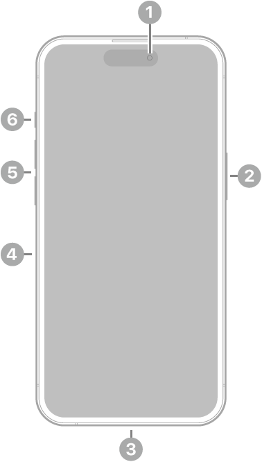 Čelní pohled na iPhone&nbsp;14&nbsp;Pro Nahoře uprostřed je vidět přední fotoaparát. Na pravé straně se nachází postranní tlačítko. Dole je umístěný konektor Lightning. Na levé straně zdola nahoru zásuvka pro SIM, tlačítka hlasitosti a&nbsp;přepínač Zvonění/ticho.