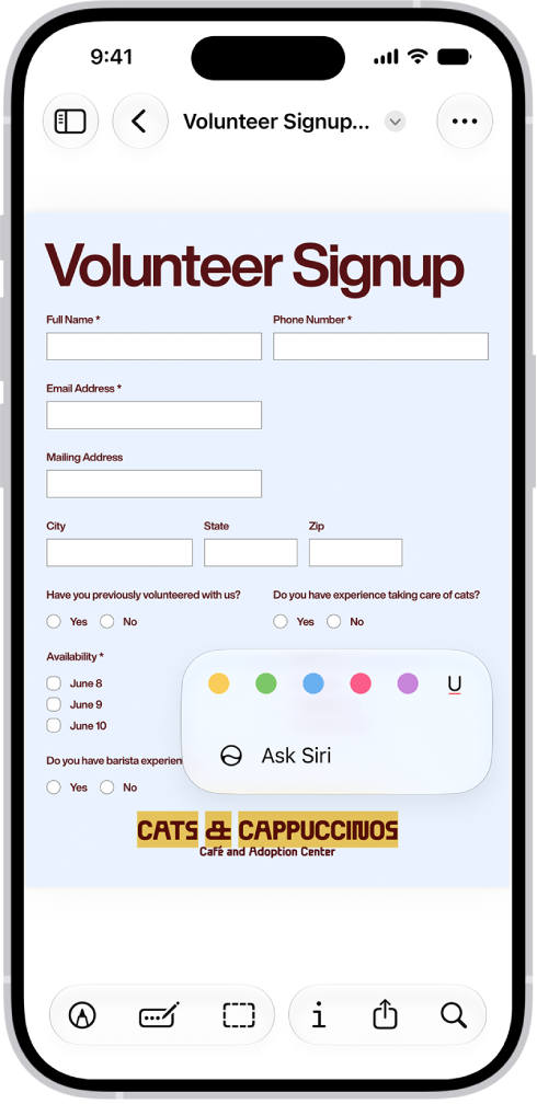 A fillable PDF form with options to highlight and underline text.