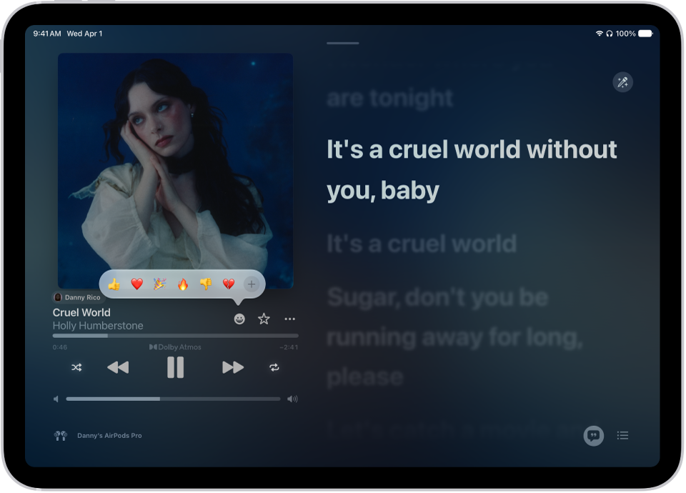 The Now Playing screen with the Reactions button showing several emoji and an Add button that you can click to find more emoji.