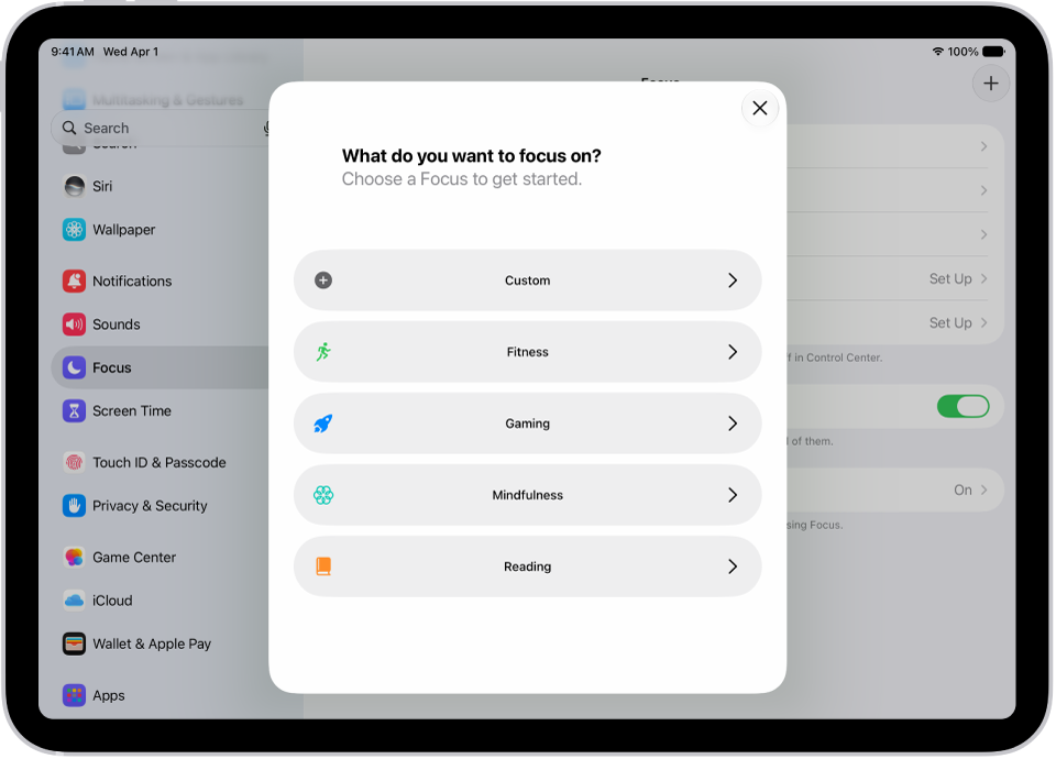 A Focus setup screen for the additional provided Focus options, including Custom, Fitness, Gaming, Mindfulness, and Reading.