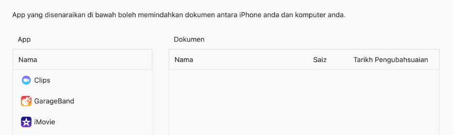 Tetingkap Fail menunjukkan app yang boleh diselaraskan ke peranti.