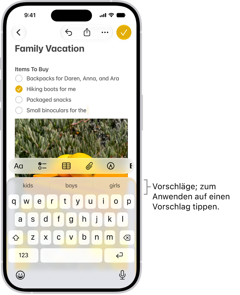 Die Bildschirmtastatur ist in der App „Nachrichten“ geöffnet. Text wird in das Textfeld eingegeben und über der Tastatur sind Textvorschläge für das nächste Wort.