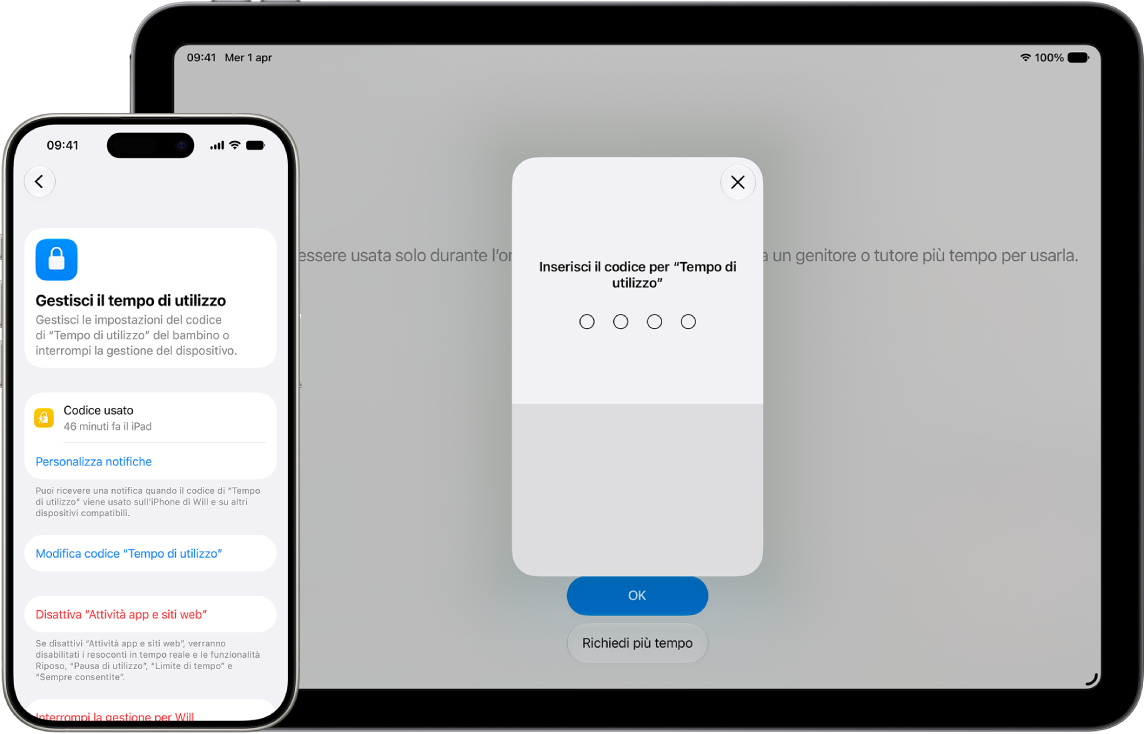 L’iPhone di un genitore che mostra la possibilità di gestire le impostazioni di “Tempo di utilizzo” e il codice di “Tempo di utilizzo” di un bambino. L’iPad di un bambino con uno schermo bloccato da un codice di “Tempo di utilizzo”.
