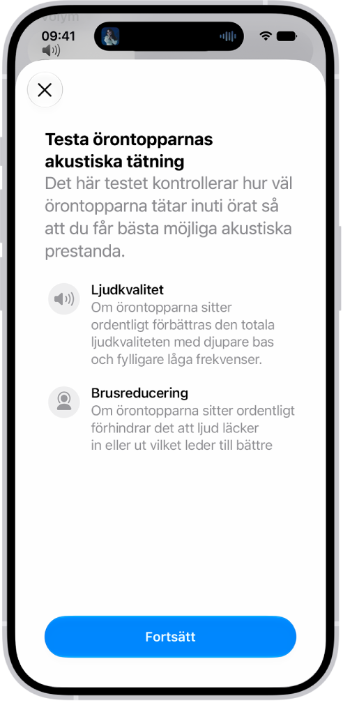 En iPhone-skärm visar ett test för att mäta den akustiska tätningen i AirPods Pro 3.