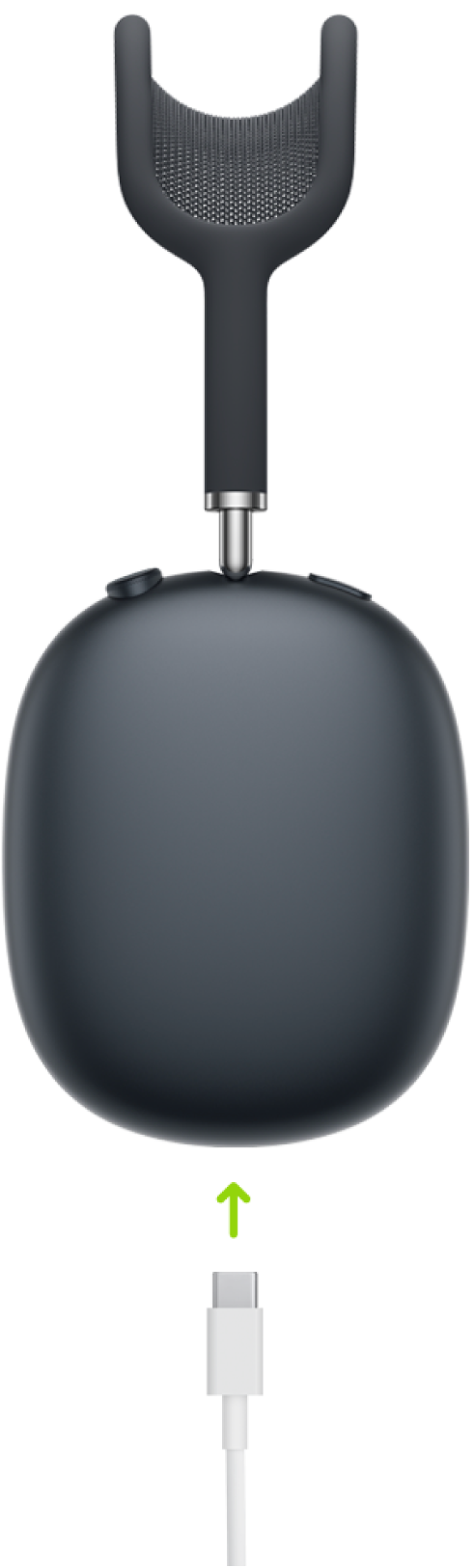 Un câble de charge USB-C connecté au bas de l’écouteur droit des AirPods&nbsp;Max&nbsp;2.